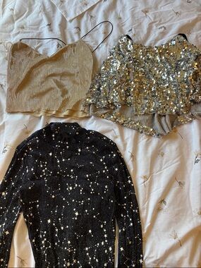 Sparkling Sequin Crop Top and Metallic Cami Bundle- Party Shirts